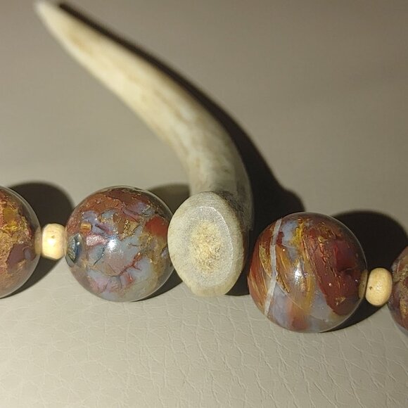 Antique Agate Bead Necklace Carved Antler Pendant Deer Elk Artisan Craft Rustic - Picture 6 of 16